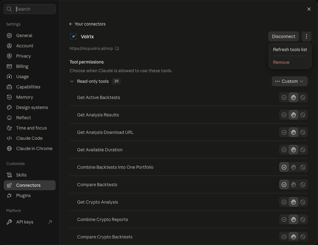 Volrix connector menu in Claude showing Refresh tools list